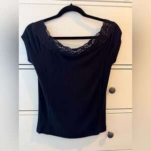 Free People Black Short-Sleeve Off-the-shoulder Top with Lace Trim
